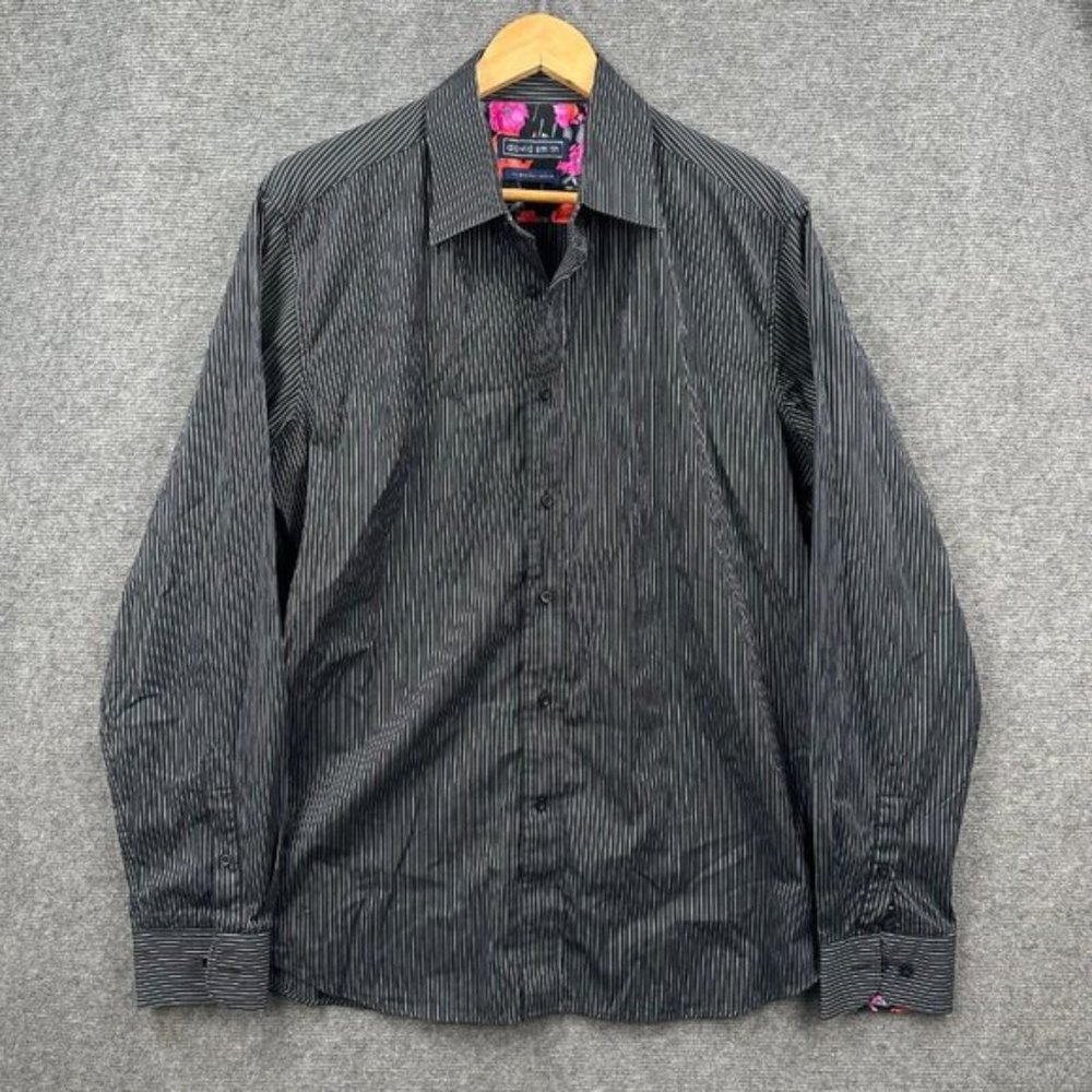 David Smith Shirt Mens Extra Large Black Striped Floral Button Up Modern Comfort